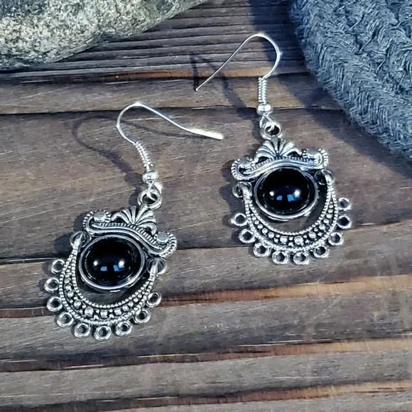 Handcrafted Antique Silver Plated Black Porcelain Stone Dangle Earrings - Picture 7 of 8